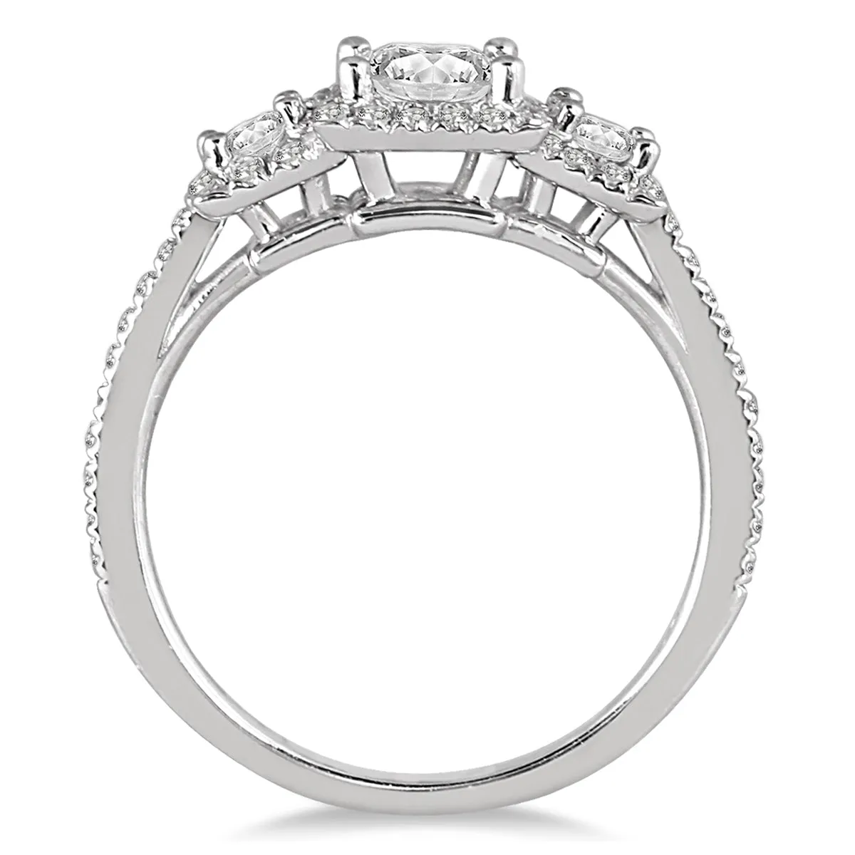 1 1/3 Carat Tw Diamond Three Stone Halo Ring In 14K White Gold