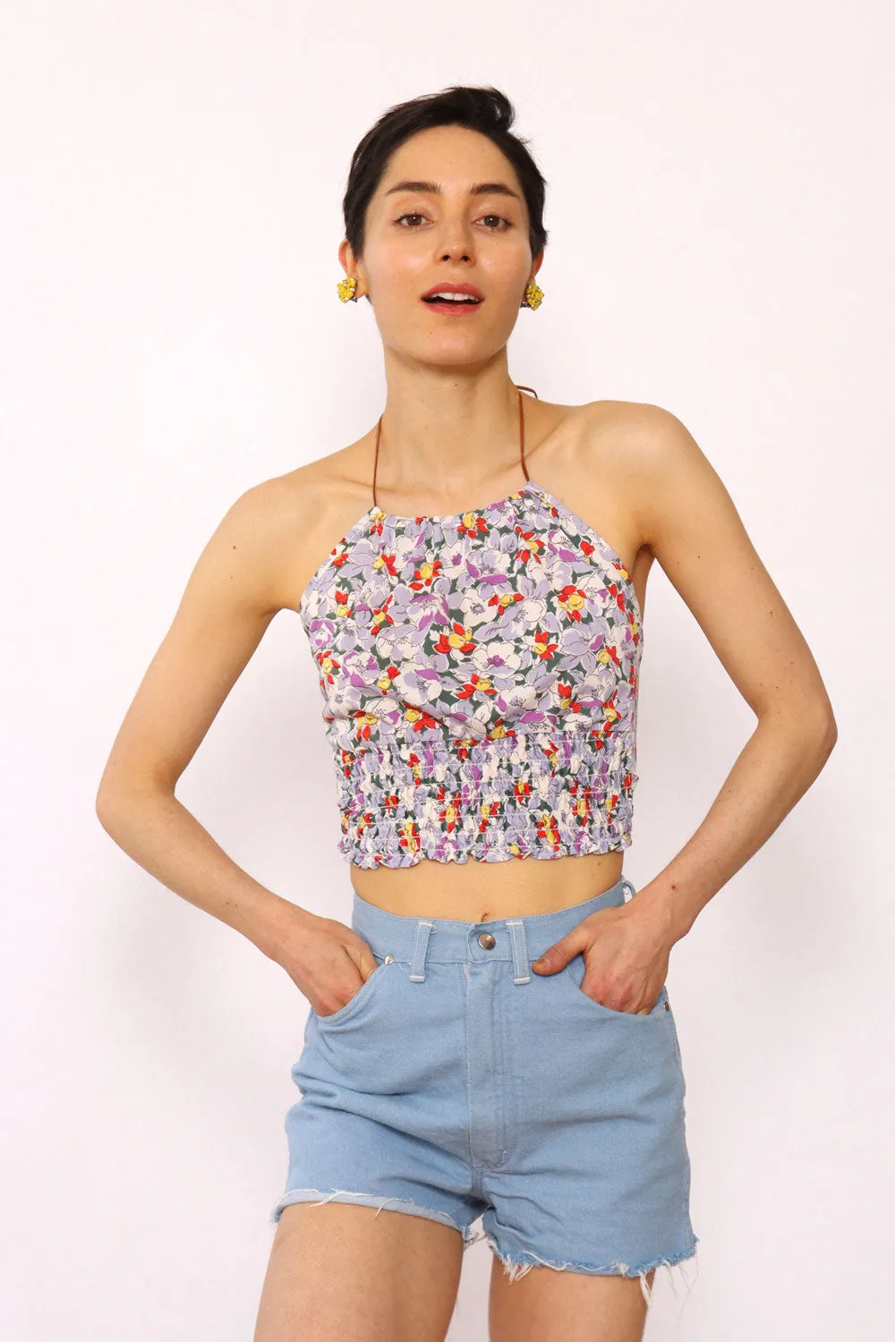 1970s Smocked Floral Halter Top XS-M