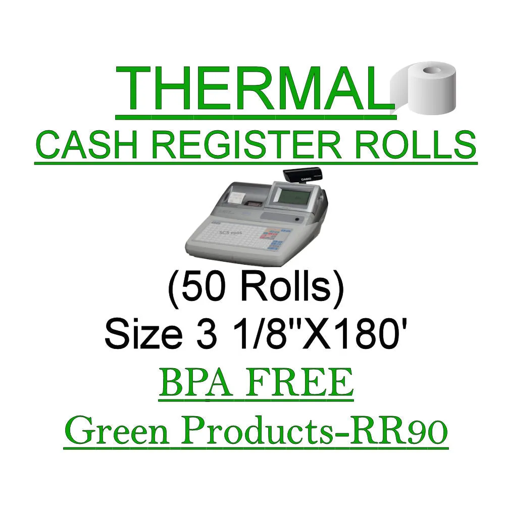 3 1/8 x 180' Premium BPA Free RR90 Cash Register Machine Thermal Paper Rolls - 50 Rolls