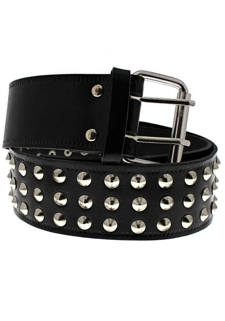 3-Row Conical Studded Black Leather Belt - Kane