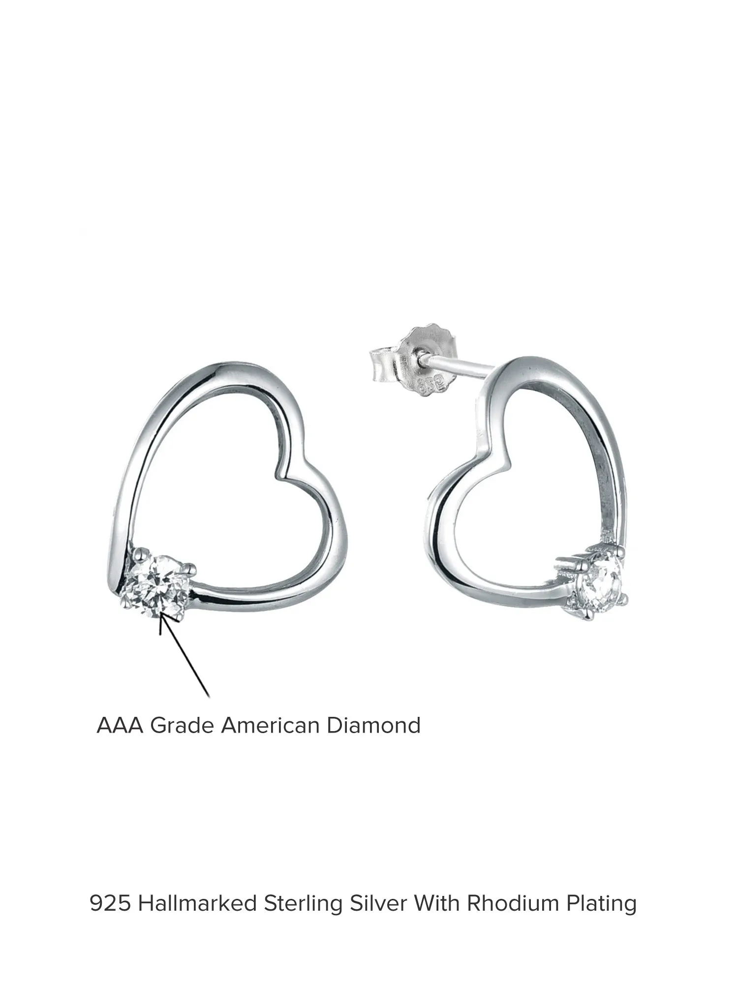 925 Sterling Silver Heart Shaped Solitaire Stud Earrings For Her