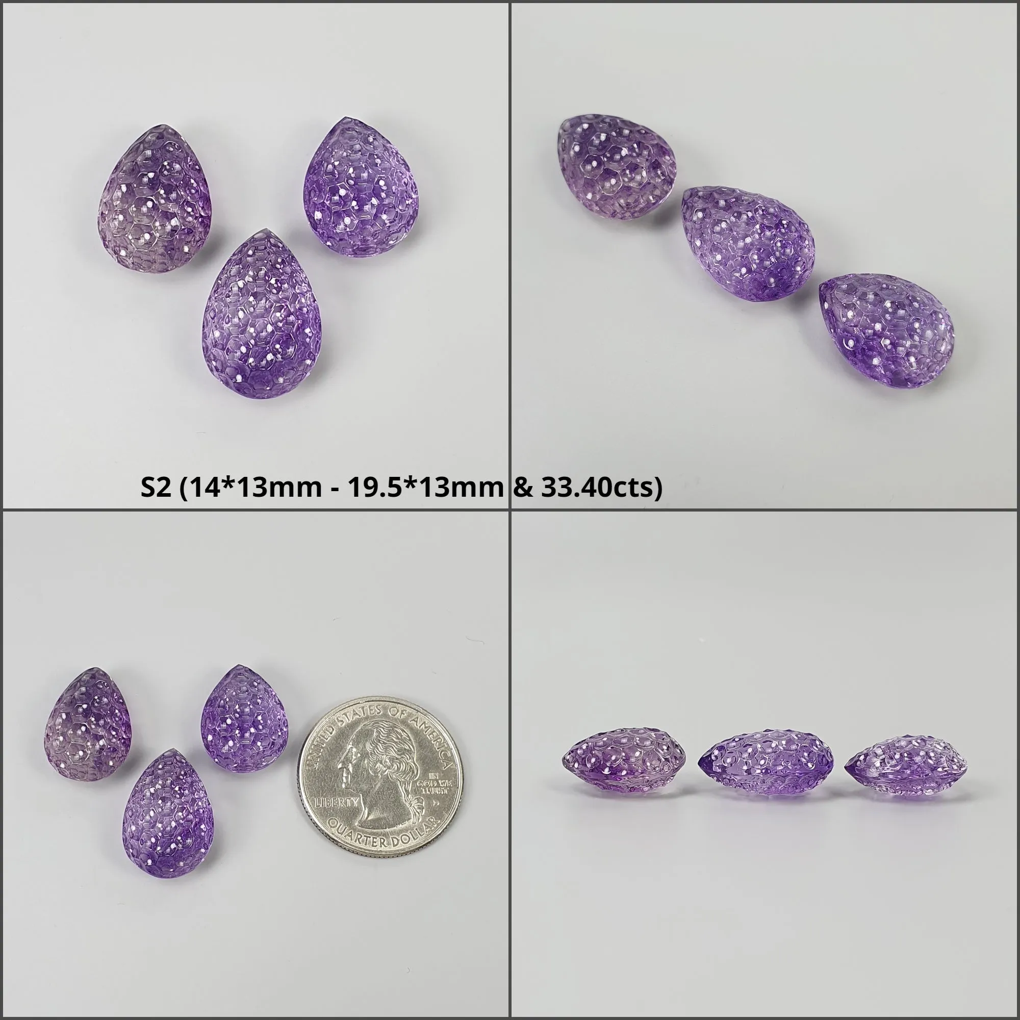 Amethyst Gemstone Carving : Natural Untreated Purple Amethyst Both Side Hand Carved Pear Shape 3pcs Set