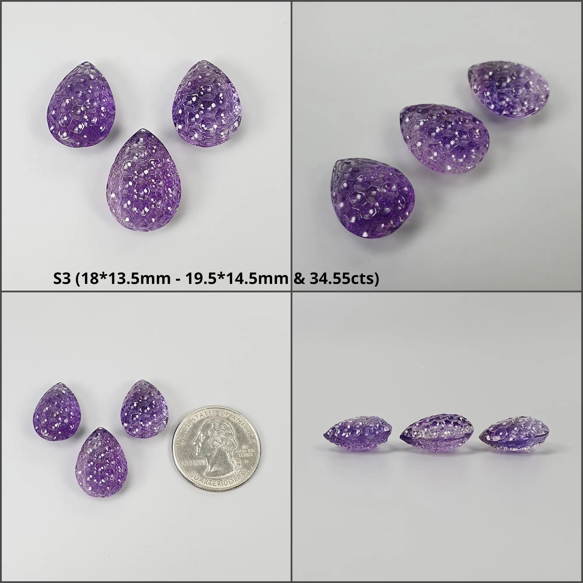 Amethyst Gemstone Carving : Natural Untreated Purple Amethyst Both Side Hand Carved Pear Shape 3pcs Set