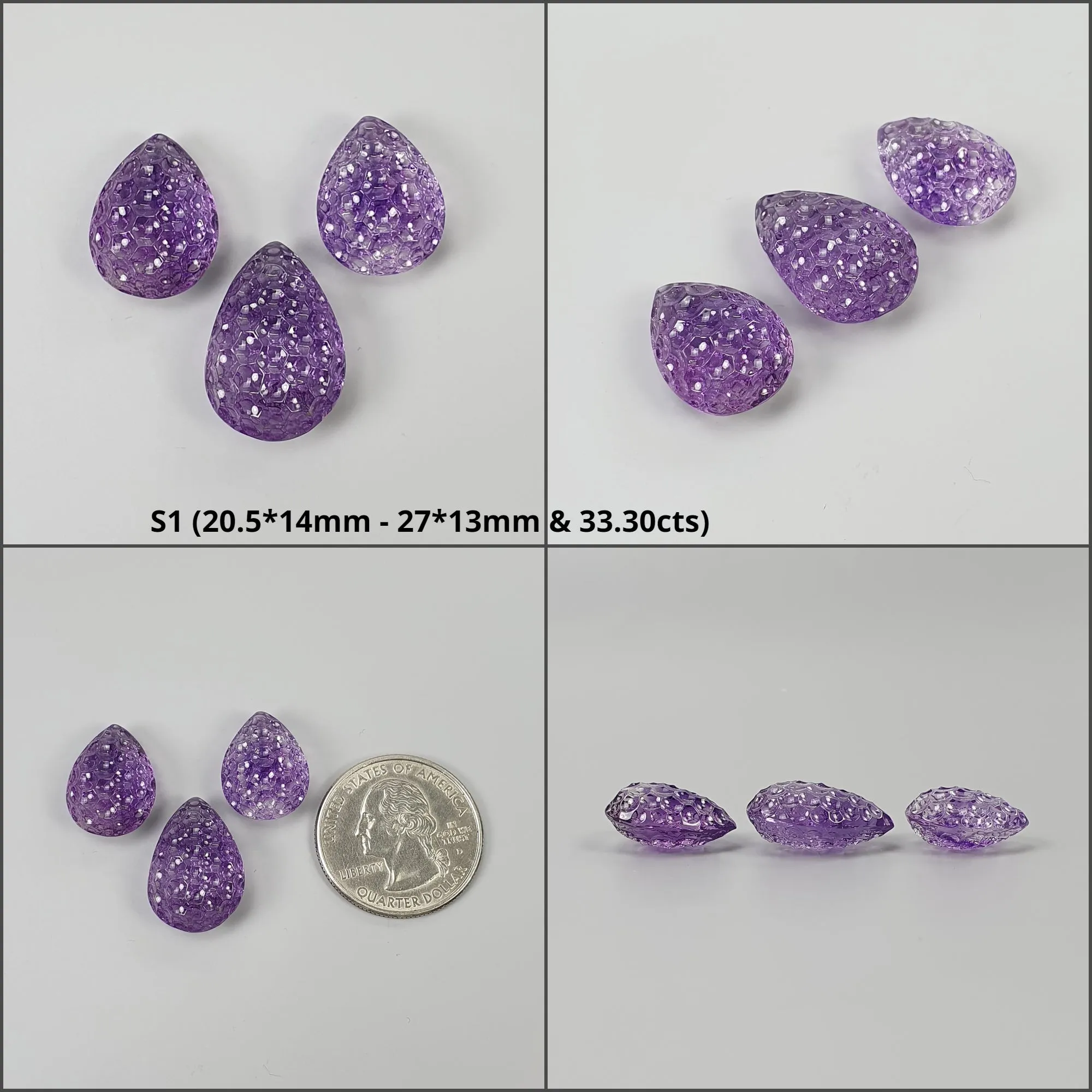 Amethyst Gemstone Carving : Natural Untreated Purple Amethyst Both Side Hand Carved Pear Shape 3pcs Set