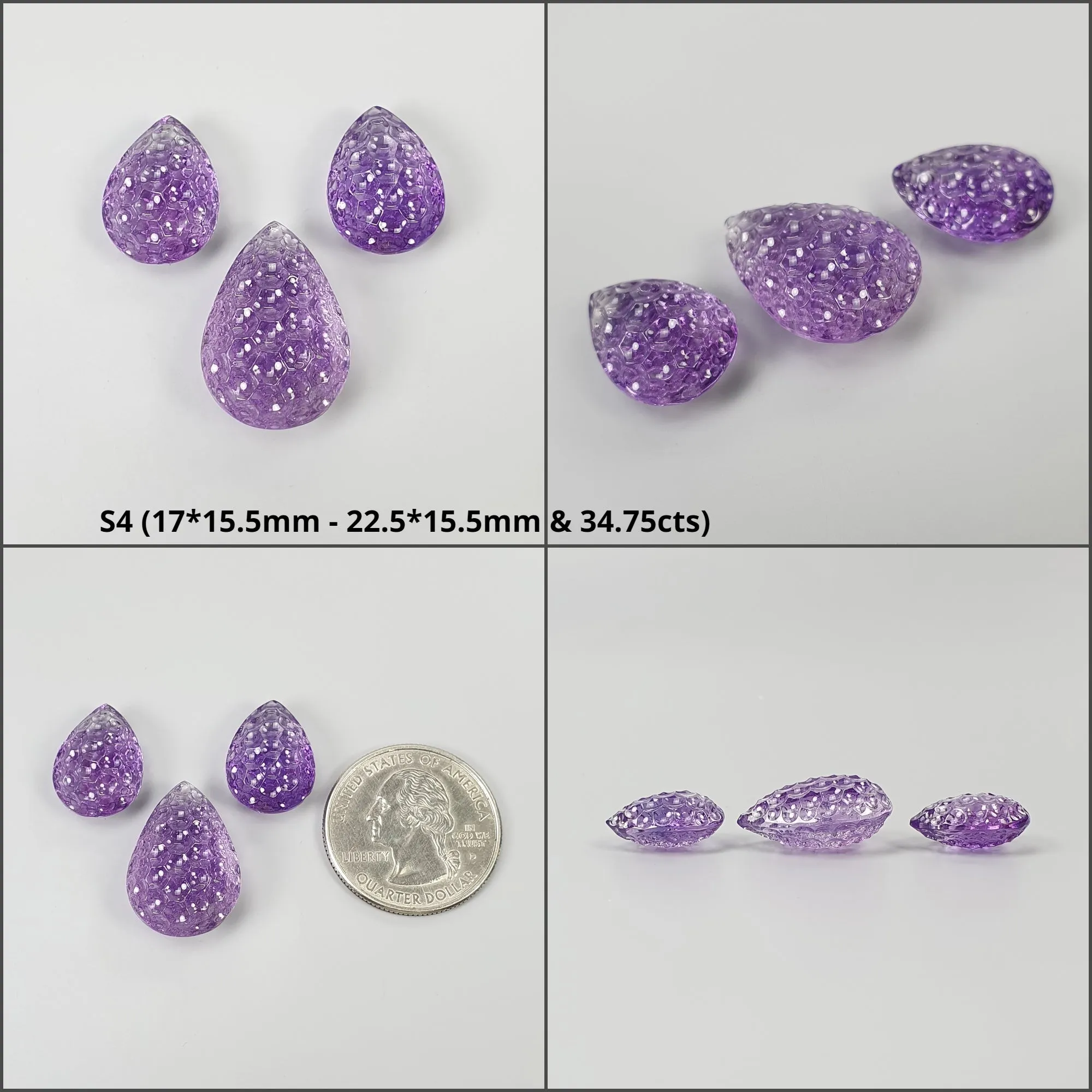 Amethyst Gemstone Carving : Natural Untreated Purple Amethyst Both Side Hand Carved Pear Shape 3pcs Set