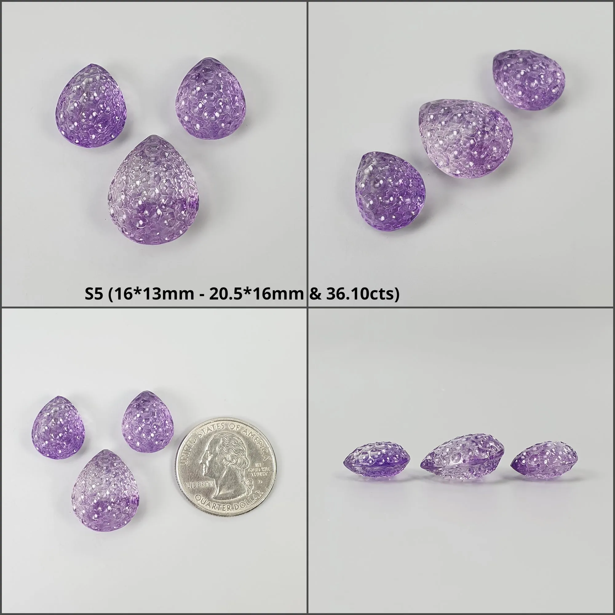 Amethyst Gemstone Carving : Natural Untreated Purple Amethyst Both Side Hand Carved Pear Shape 3pcs Set