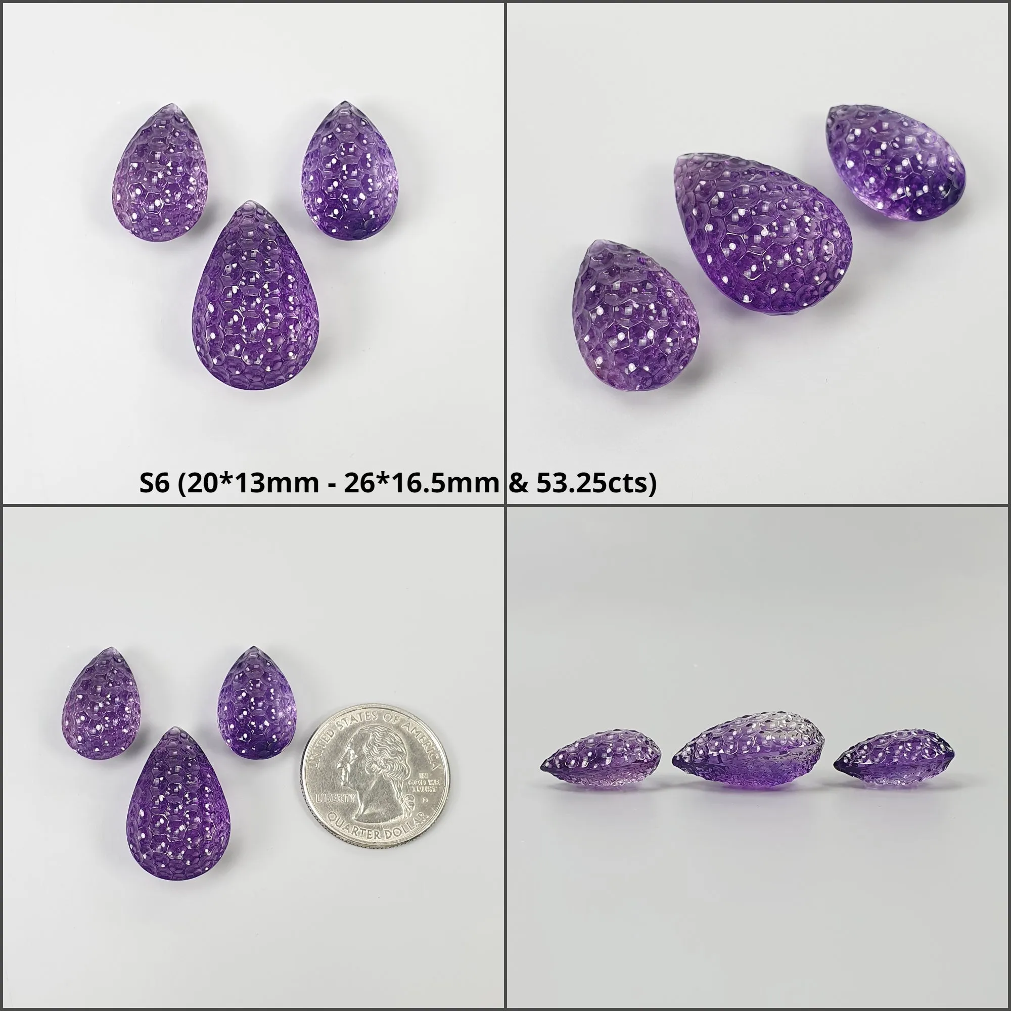 Amethyst Gemstone Carving : Natural Untreated Purple Amethyst Both Side Hand Carved Pear Shape 3pcs Set