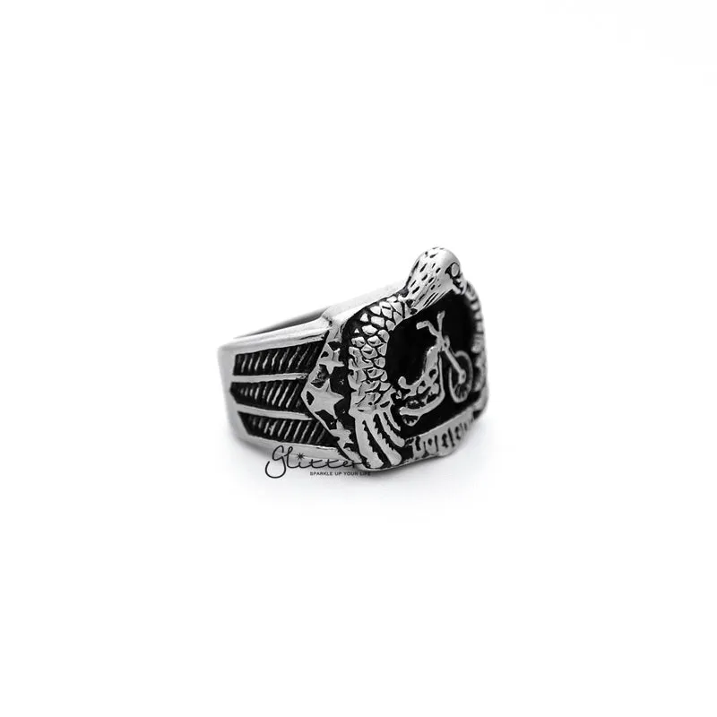 Antiqued Stainless Steel Eagle with Motorcycle Casting Men's Rings