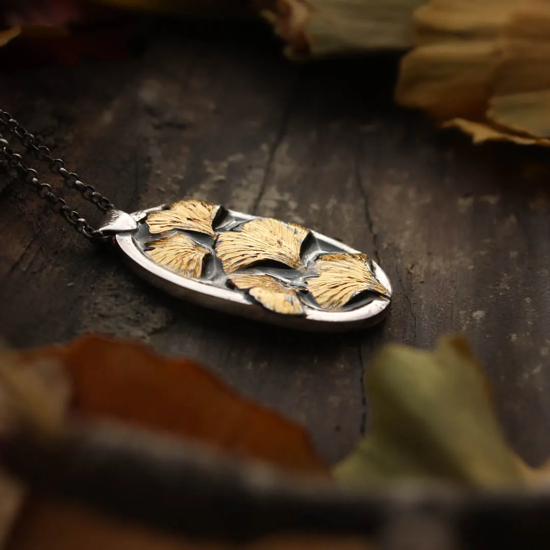 Autumn Creek X- Sterling Silver, Gold and Resin Ginkgo Leaf Necklace