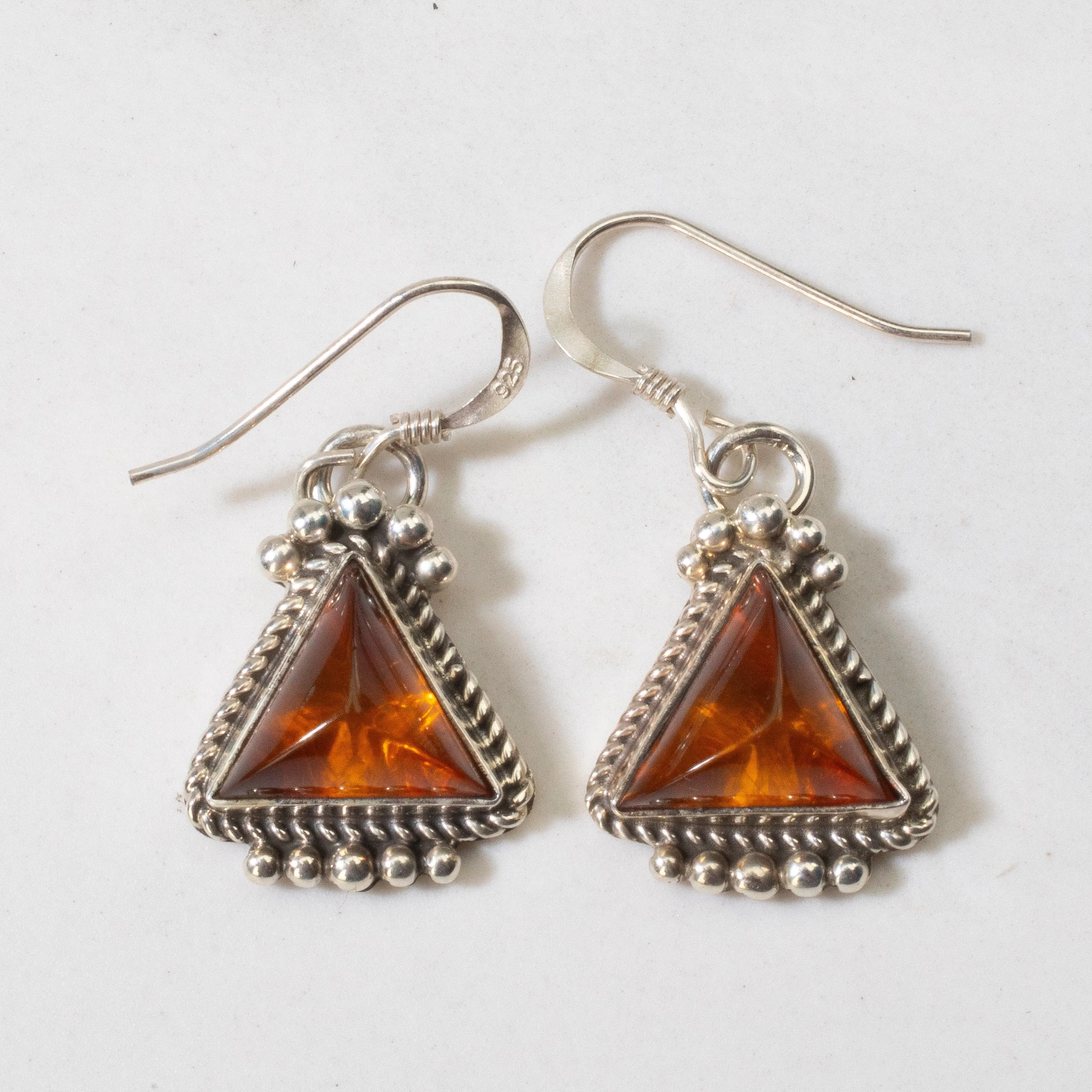 Baltic Amber Triangle Dangle Navajo USA Native American Made 925 Sterling Silver Earrings with French Hook