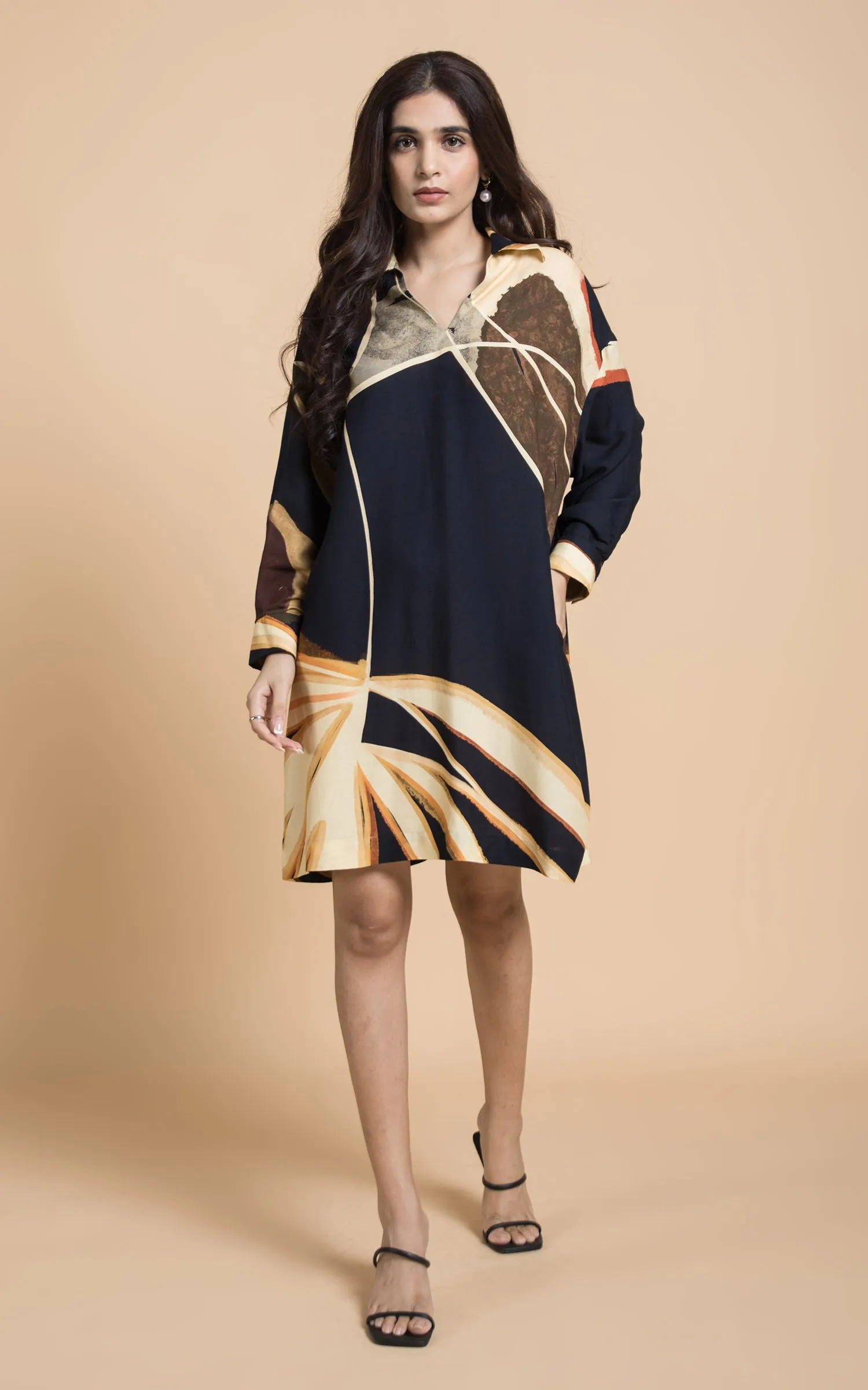 Black & Beige Abstract Printed Shift Dress