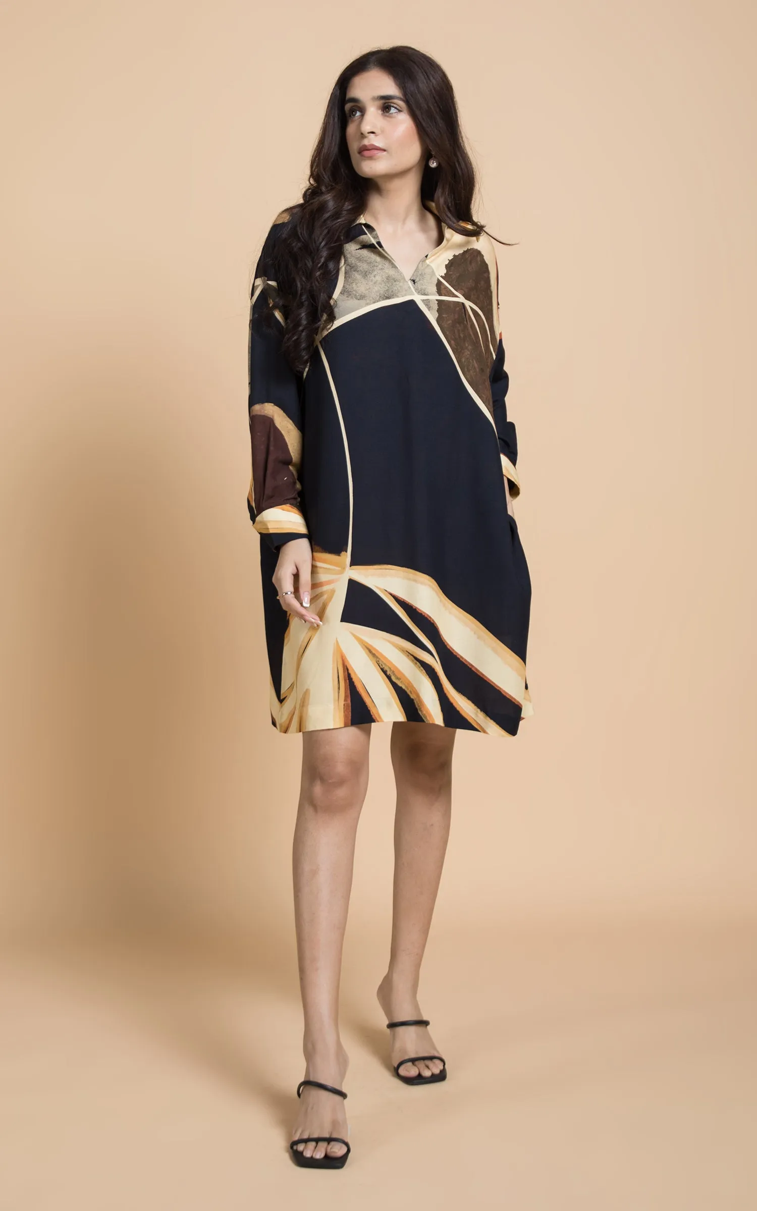 Black & Beige Abstract Printed Shift Dress