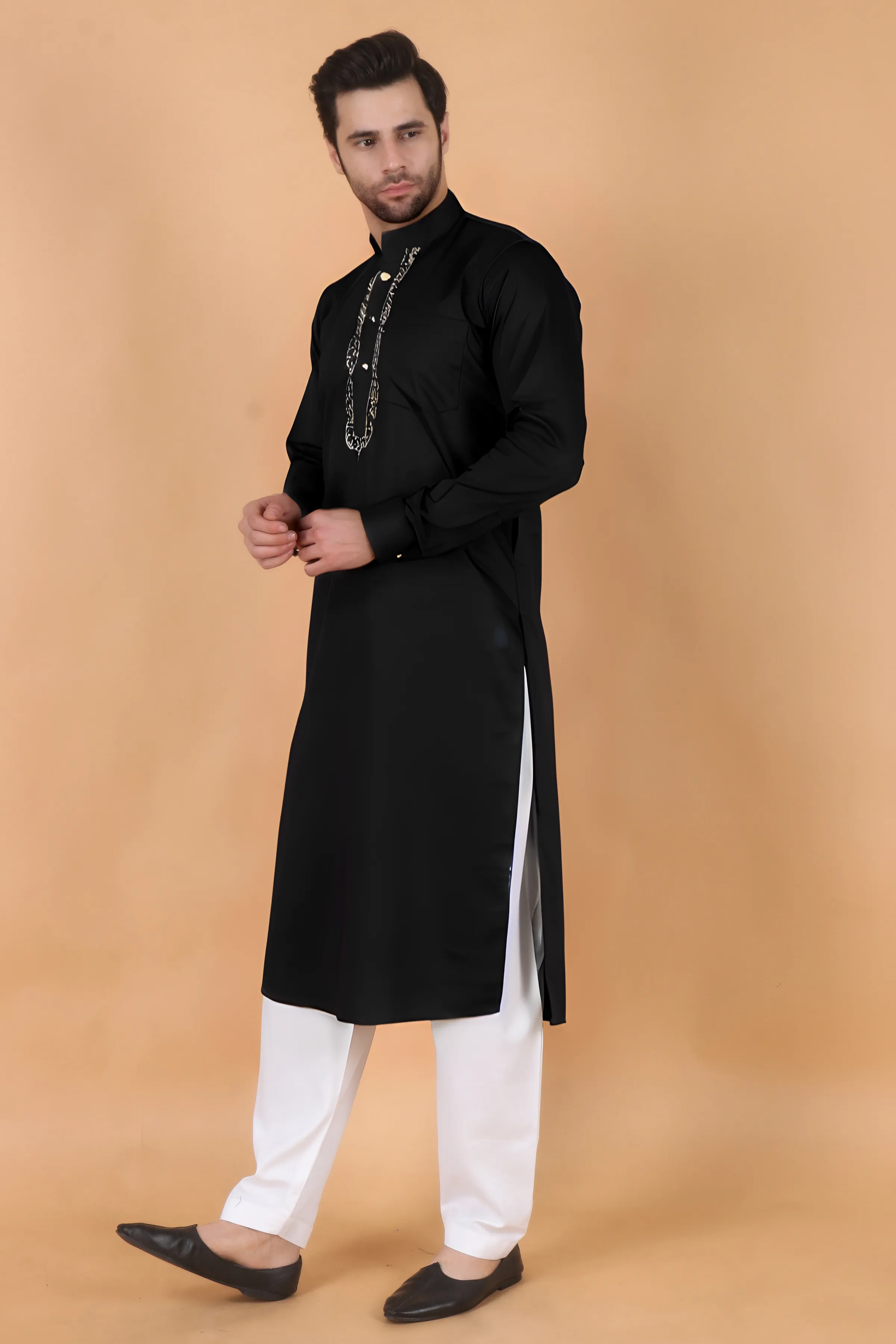 Black Embroidered Cotton Kurta