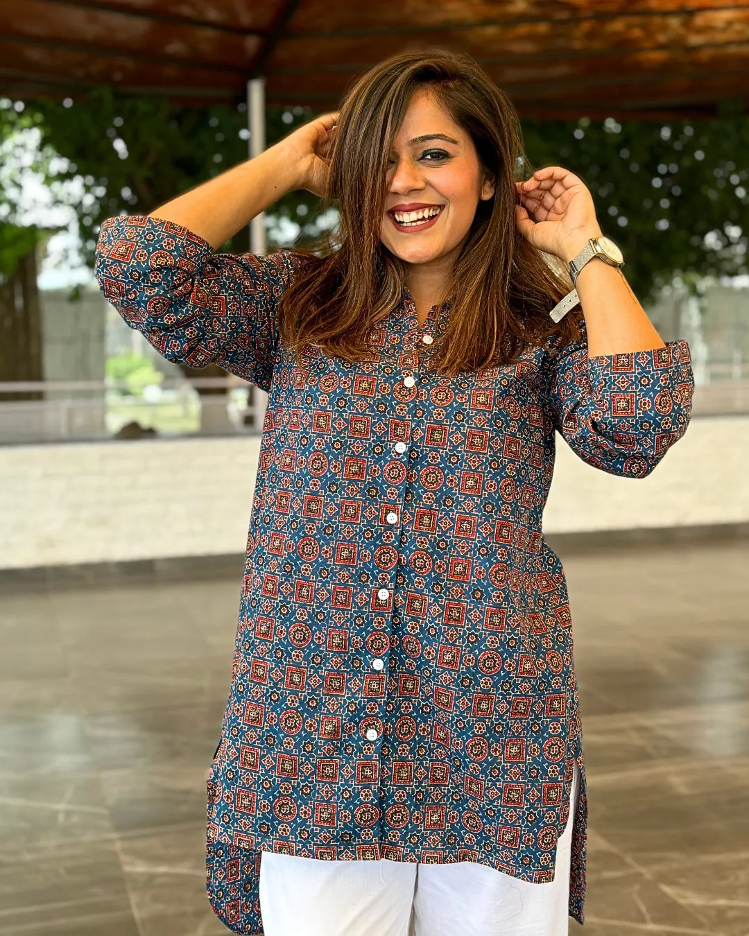 Blue Ajrakh Printed Long Cotton Aline Shirt