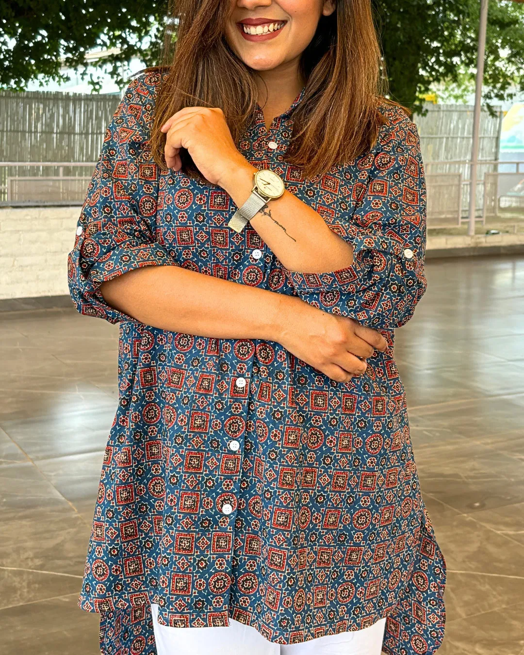 Blue Ajrakh Printed Long Cotton Aline Shirt