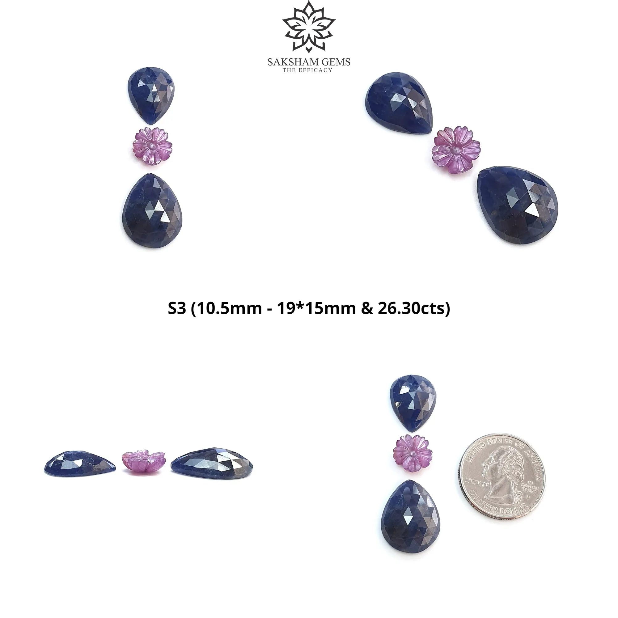 Blue & Pink Sapphire Gemstone Rose Cut And Carving : Natural Untreated Unheated Sapphire Round Flower With Pear Shape 3pcs Sets