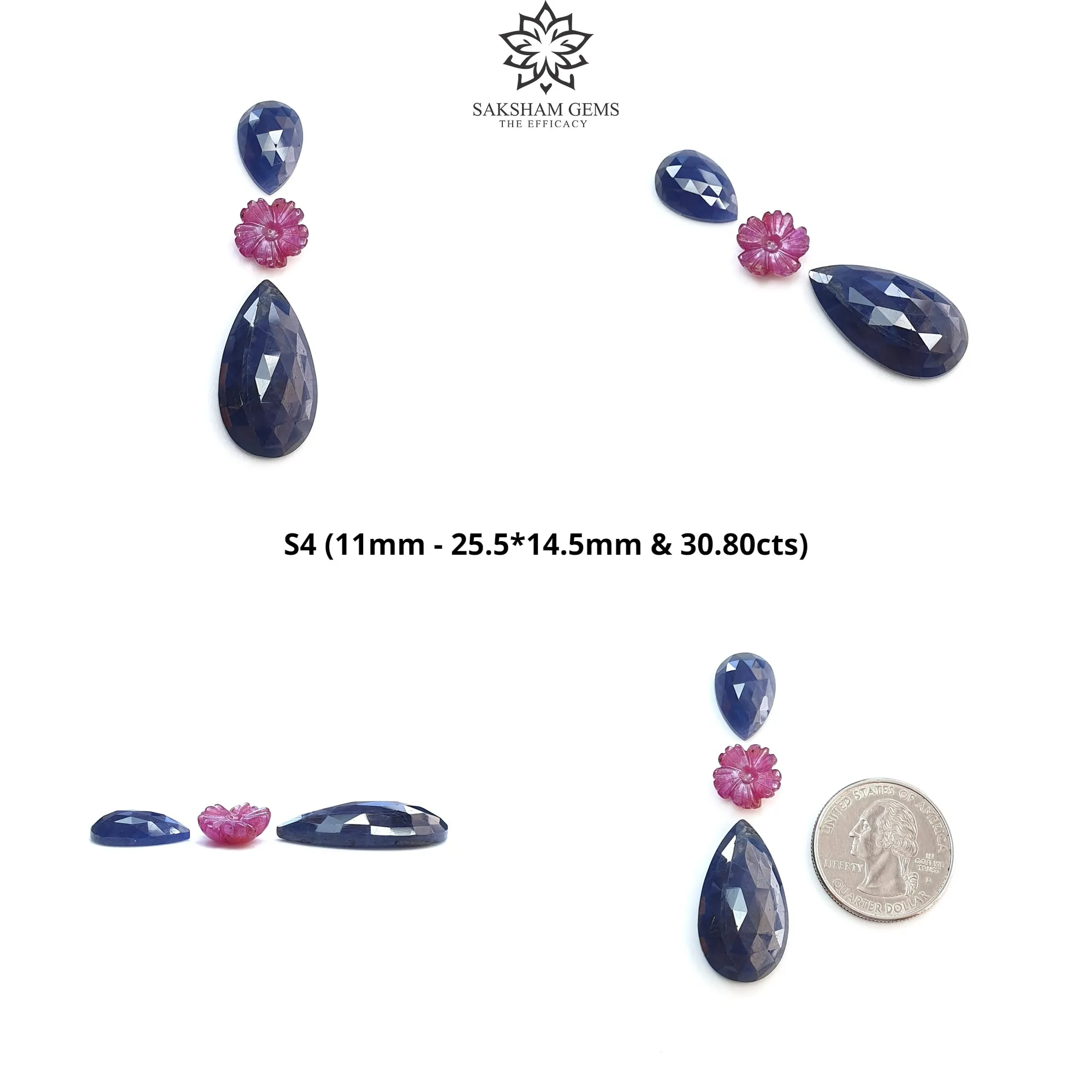 Blue & Pink Sapphire Gemstone Rose Cut And Carving : Natural Untreated Unheated Sapphire Round Flower With Pear Shape 3pcs Sets