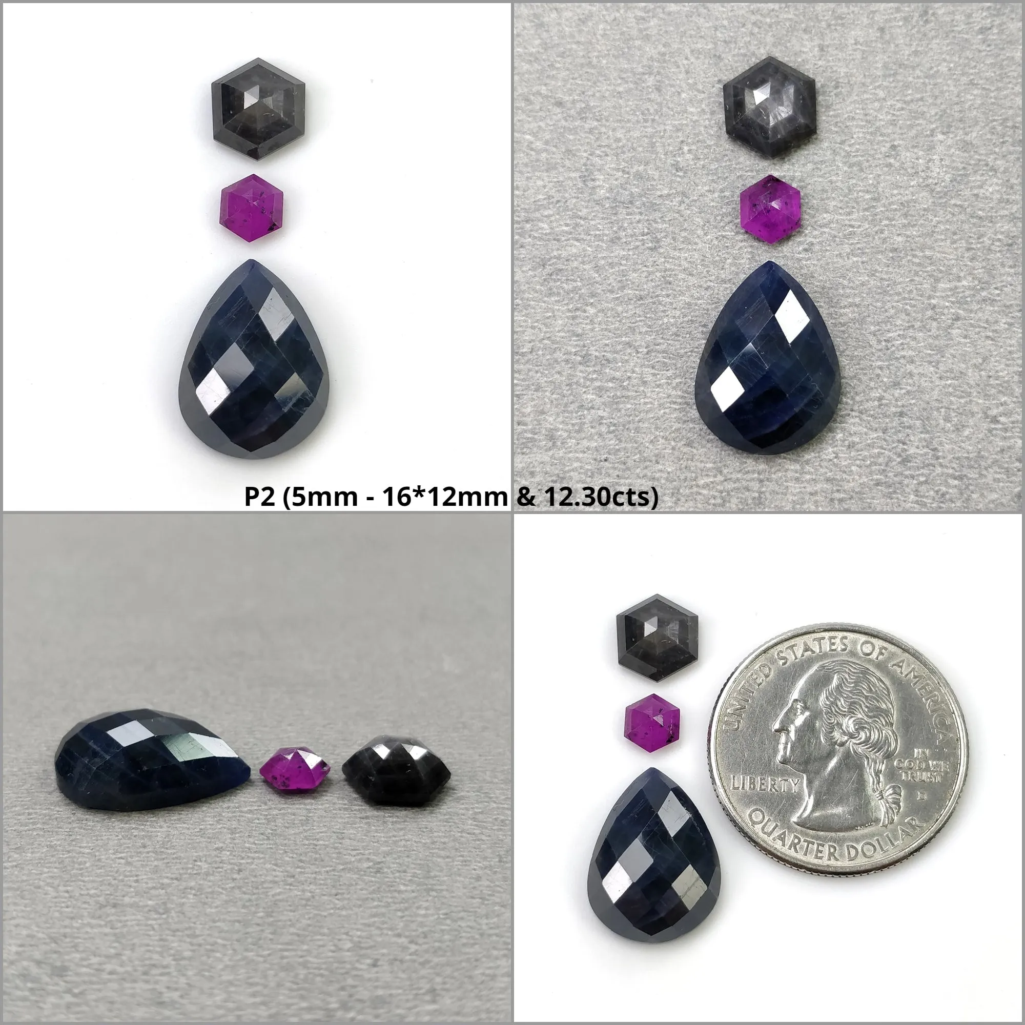 BLUE SILVER And Raspberry SAPPHIRE Gemstone Checker Rose & Step Cut : Natural Untreated Sapphire Hexagon Pear Shape 3pcs