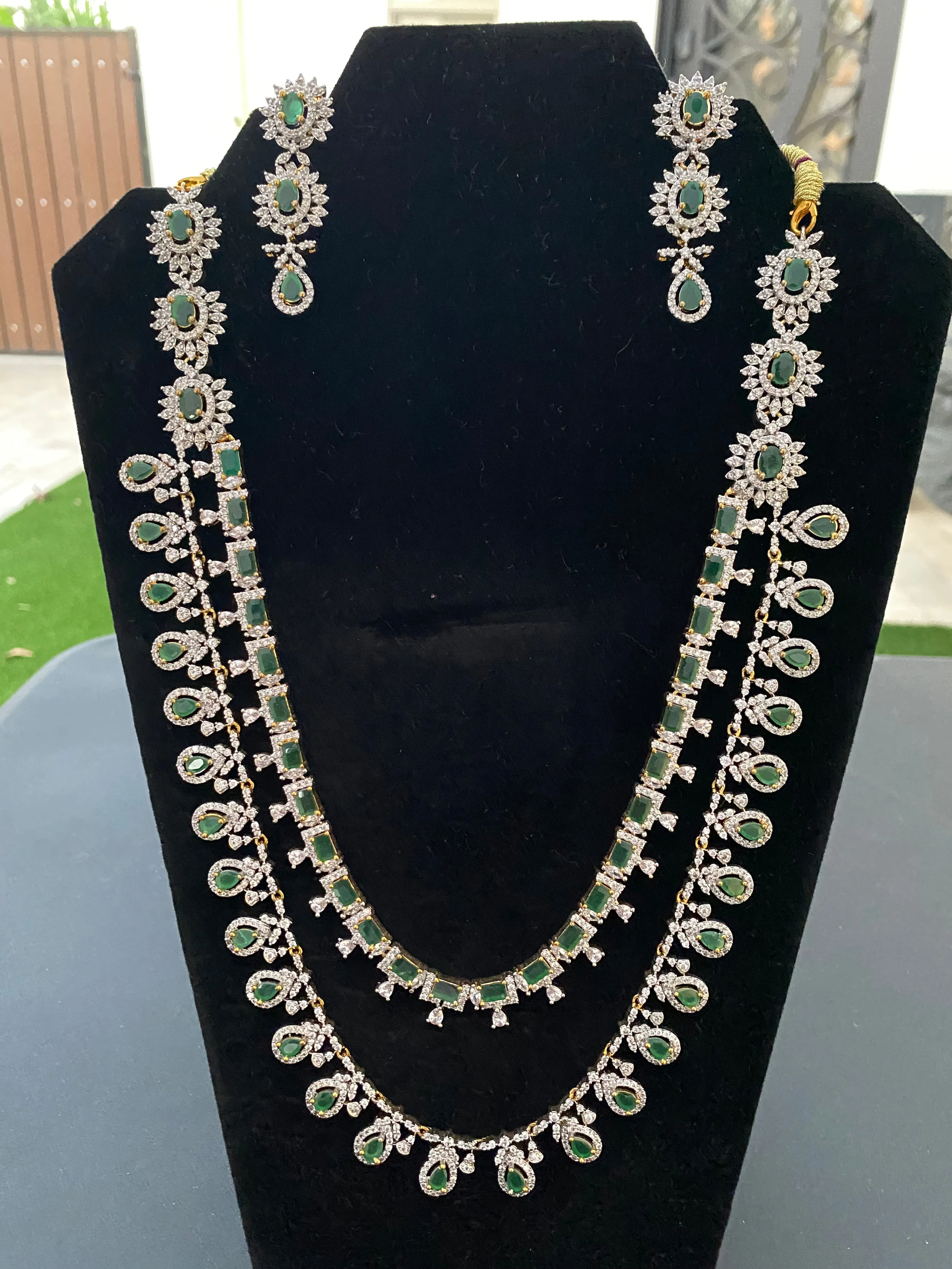 Elegant Green Stoned Two Layer American Diamonds Necklace With Earrings