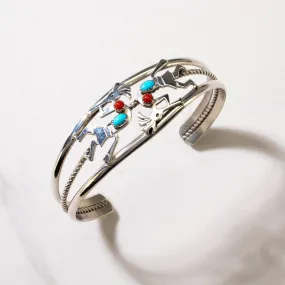 Ella Peter Sleeping Beauty Turquoise & Red Coral Navajo Kokopelli USA Native American Made 925 Sterling Silver Cuff