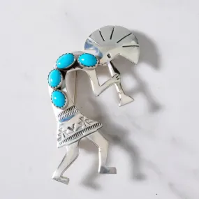 Ella Peter Sleeping Beauty Turquoise Kokopelli USA Native American Made 925 Sterling Silver Pin