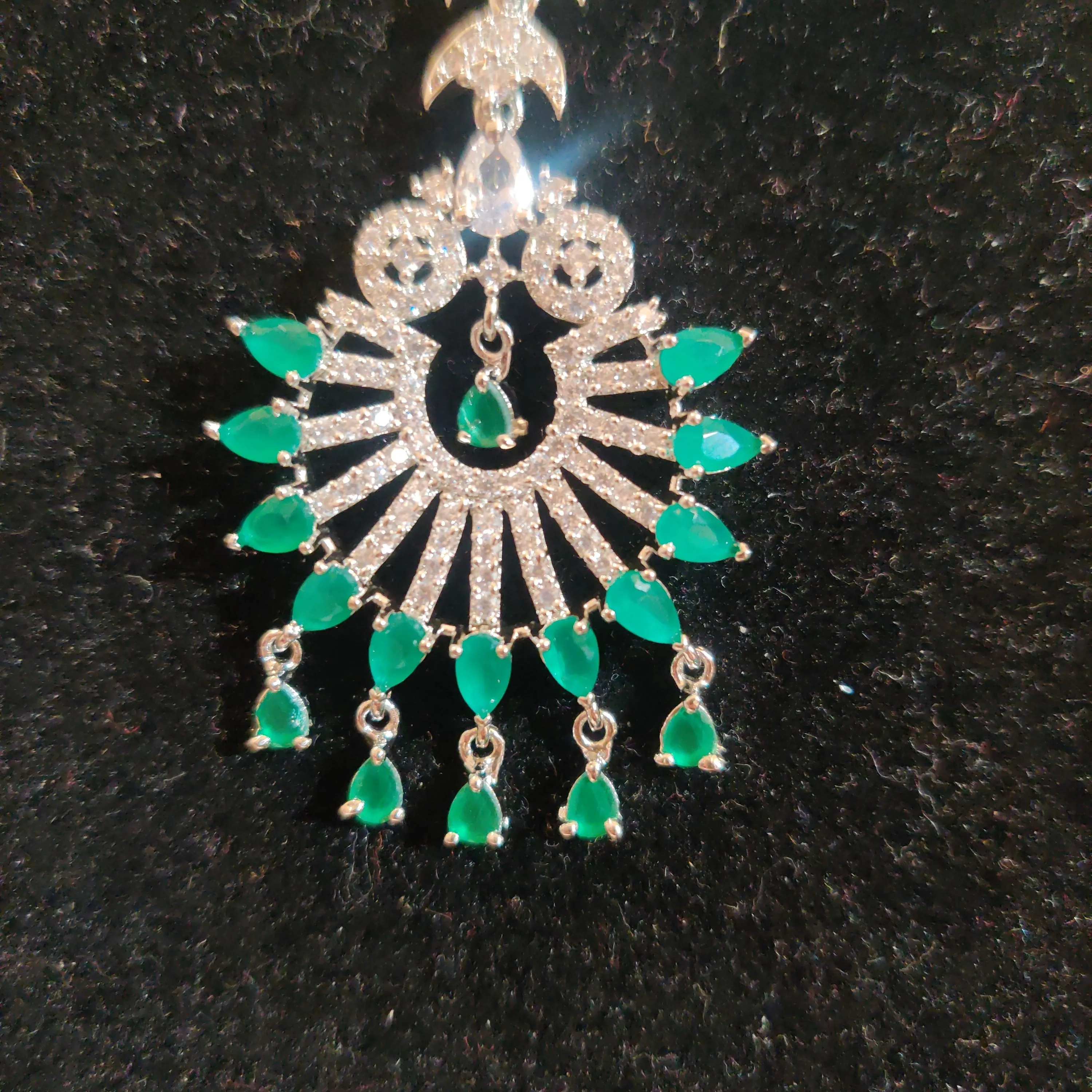 Fabulous AD-CZ Maang Tikka With White And Green Colored Stones