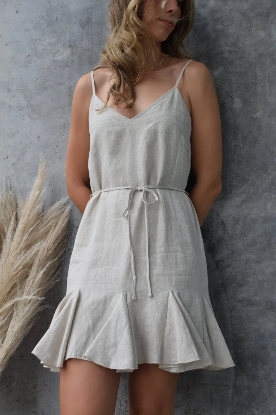 Fantasy Natural Strappy Godet Linen Mini Dress