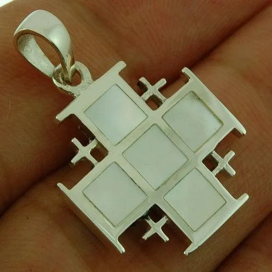 Jerusalem White Cross Mother of Pearl Pendant   Sterling Silver 925 Neck Chain