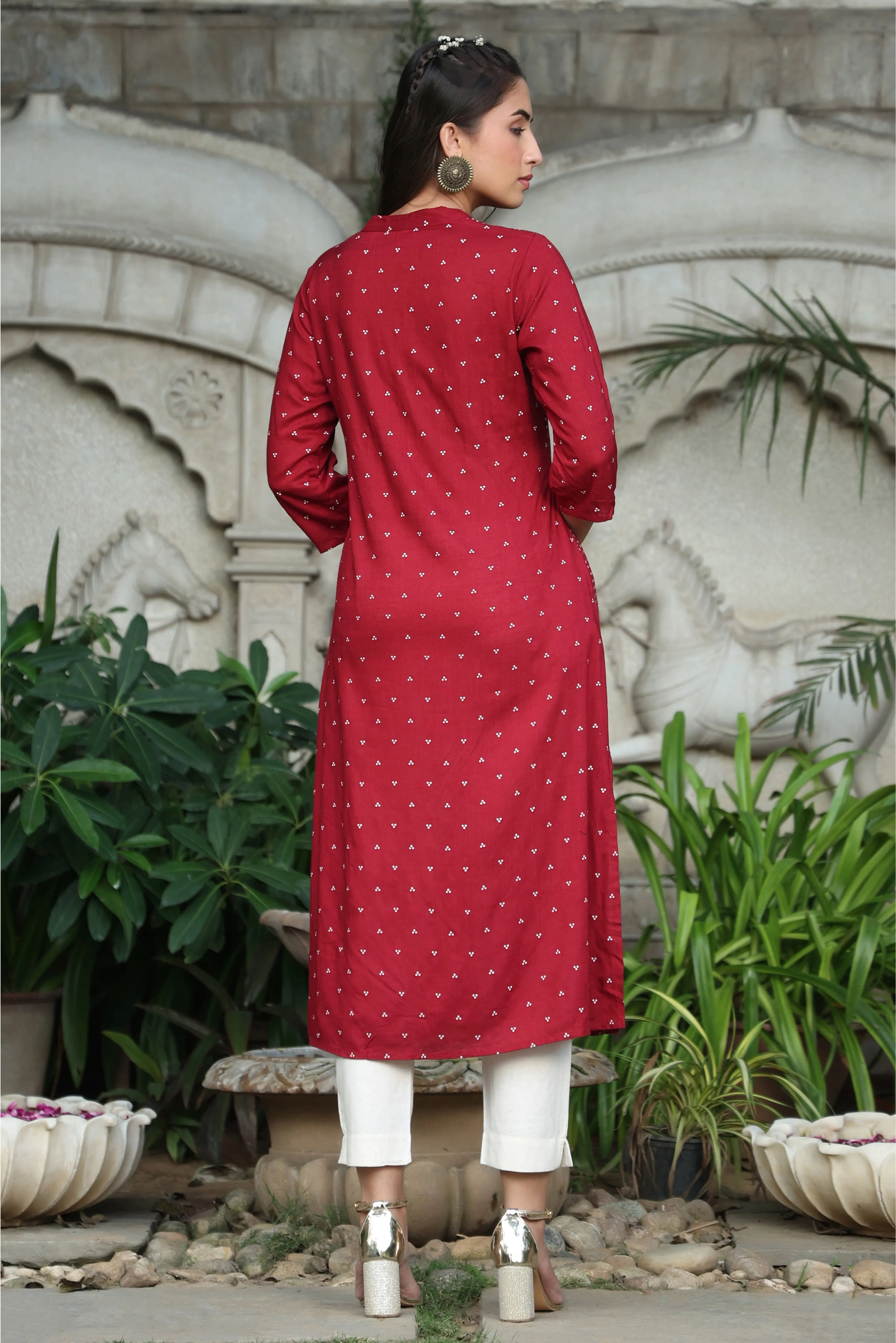 Juniper Maroon Bandhani Printed Rayon Slub A-Line Kurta.