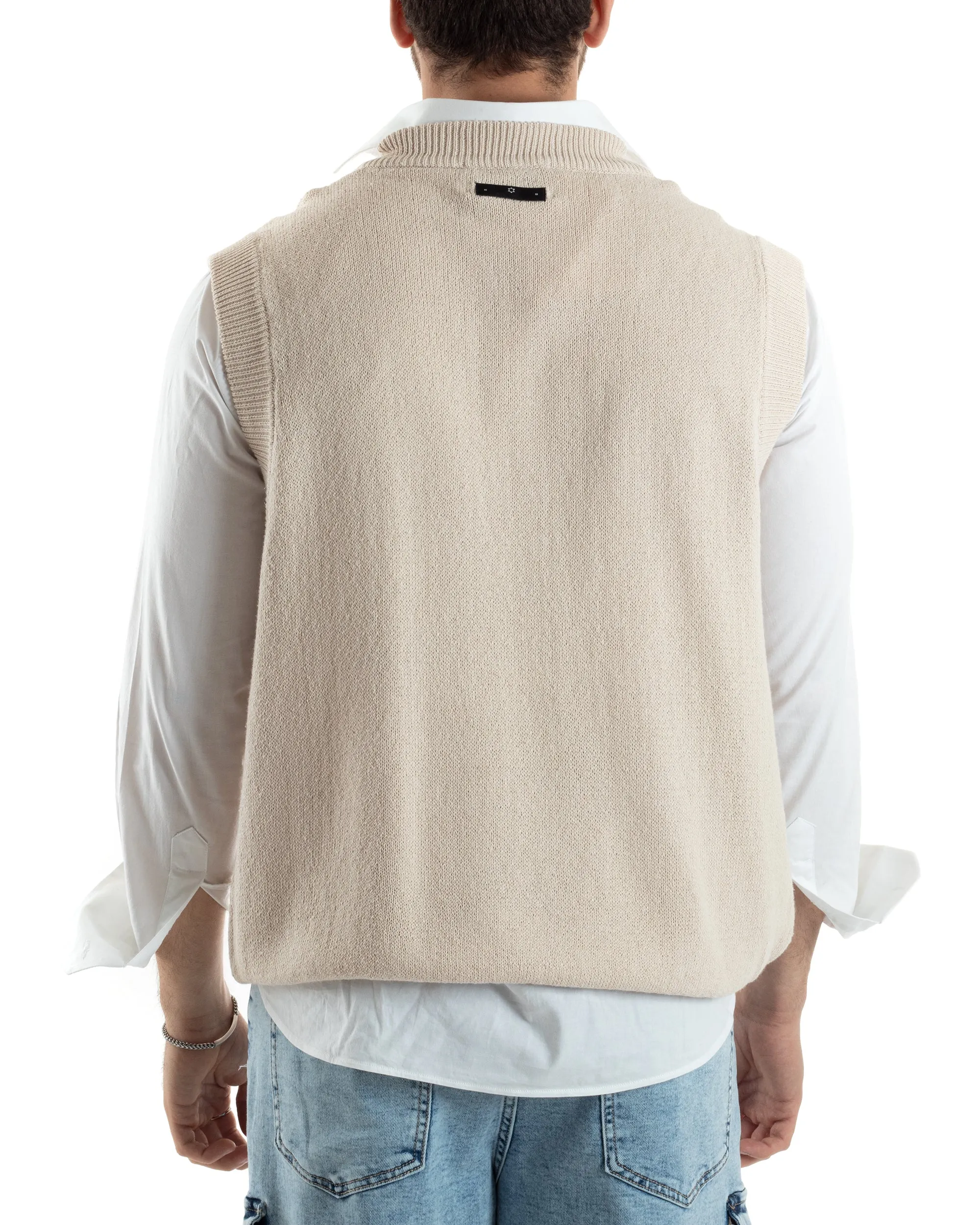 Maglia Gilet Uomo Maglioncino Scollo V Smanicato Basic Casual Tinta Unita Beige GIOSAL-M2828A