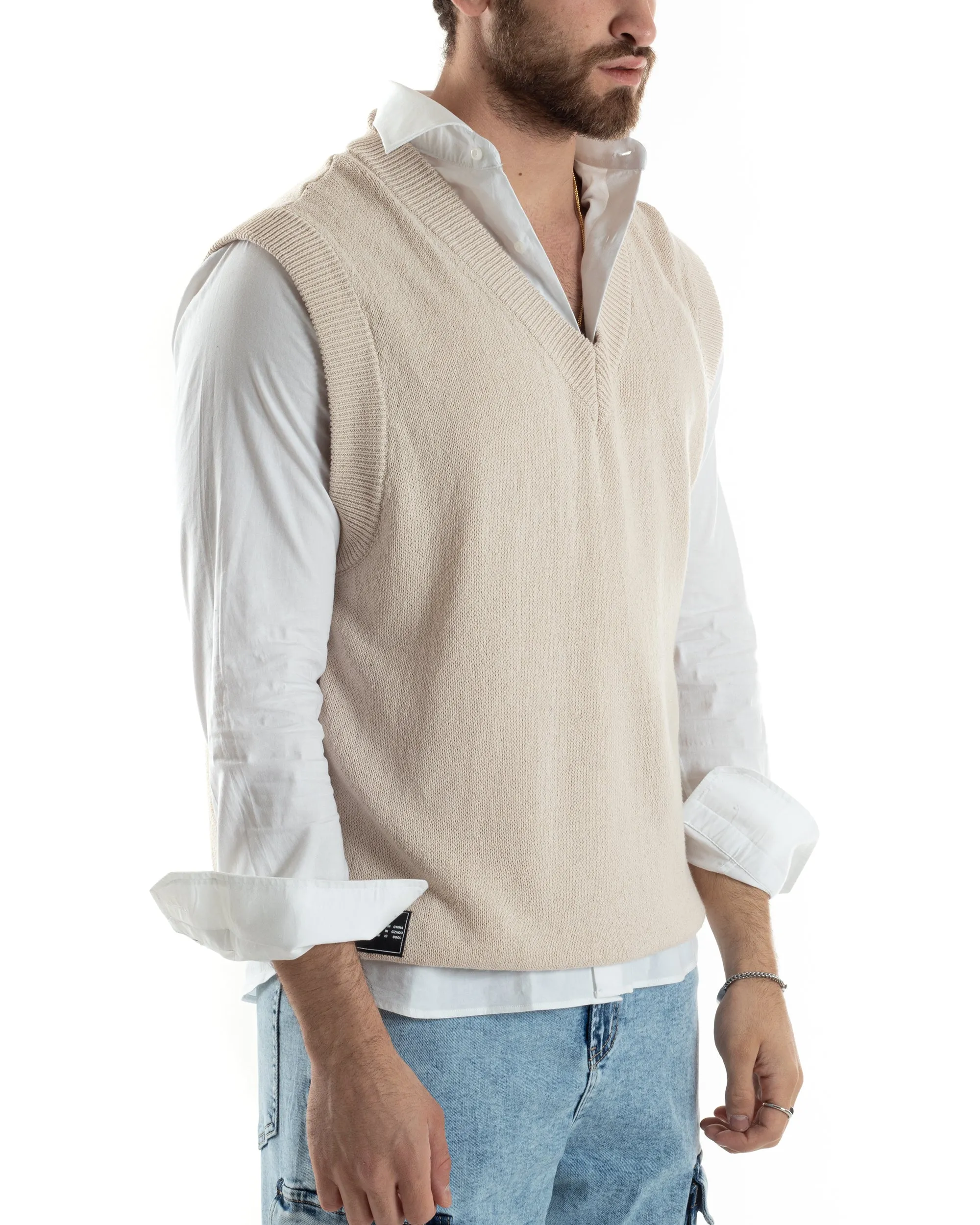 Maglia Gilet Uomo Maglioncino Scollo V Smanicato Basic Casual Tinta Unita Beige GIOSAL-M2828A