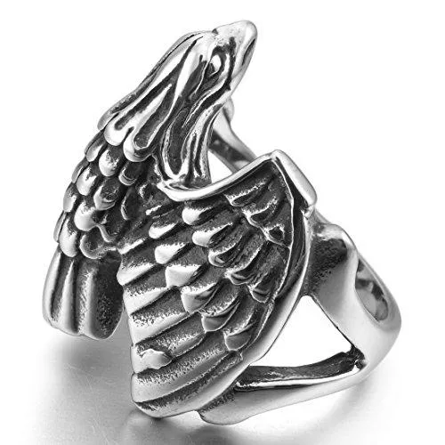 Men's Stainless Steel Ring Silver Tone Black Eagle Hawk