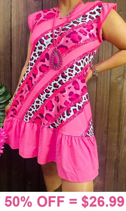 Pink Leopard Dress with ruffle trim