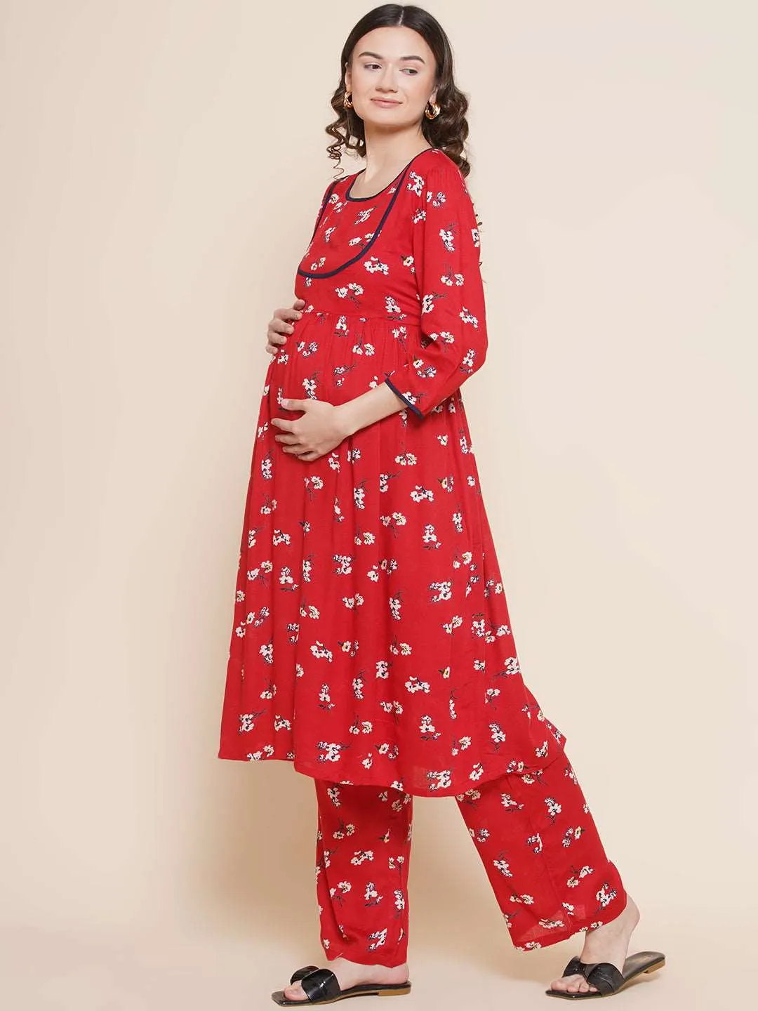 Red Floral Kurta and Matching Baby Wrapper Set