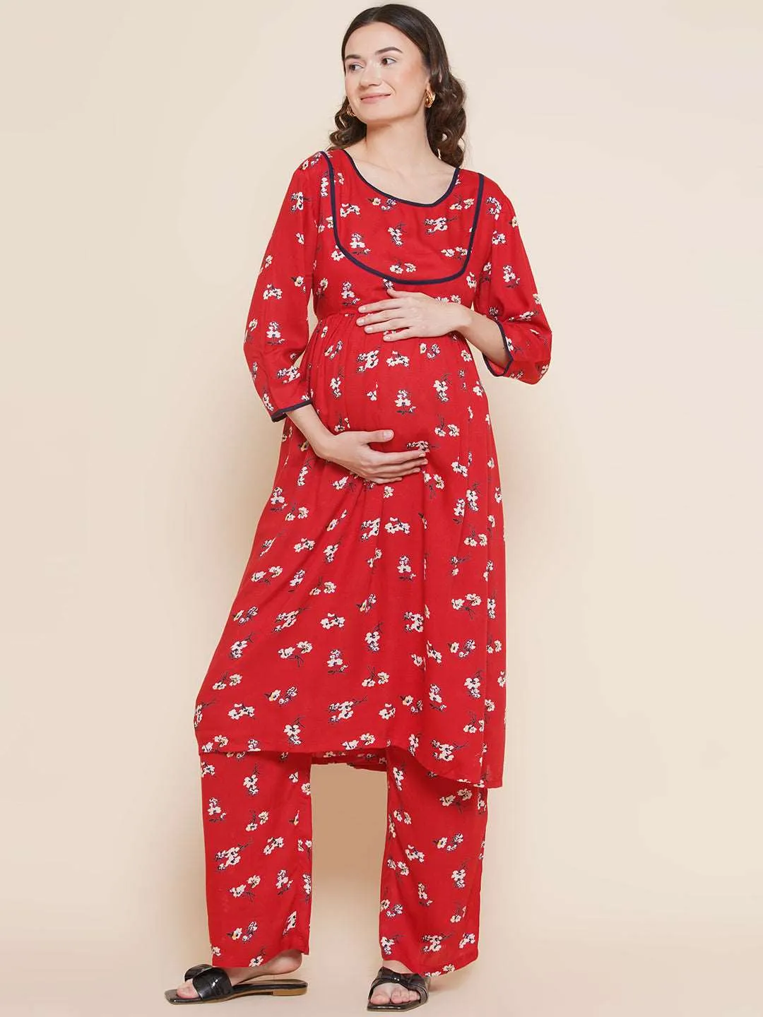 Red Floral Kurta and Matching Baby Wrapper Set