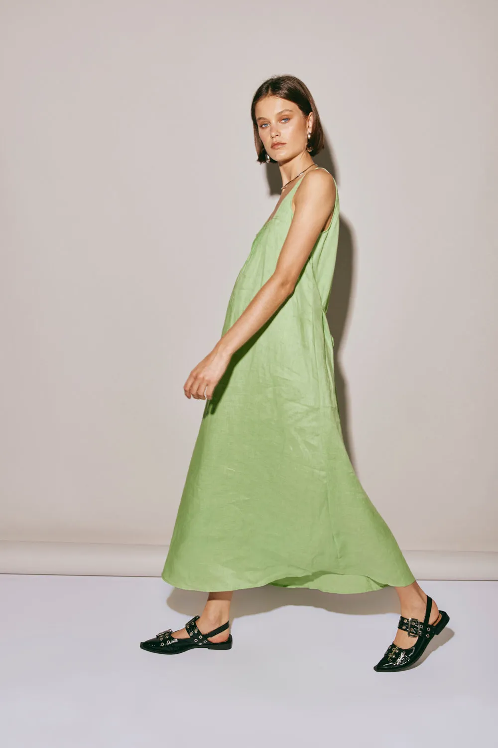 San Paolo Smock Linen Midi Dress Green