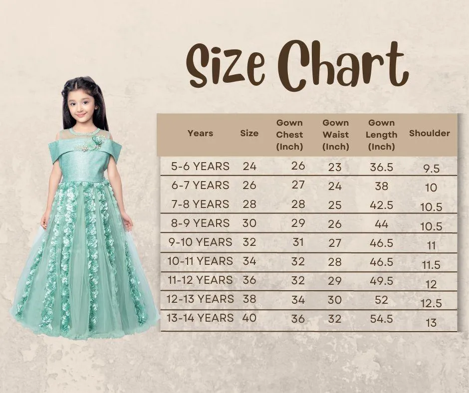 Sea Green Coloured Off Shoulder Self Design Maxi Dress Gown For Girls