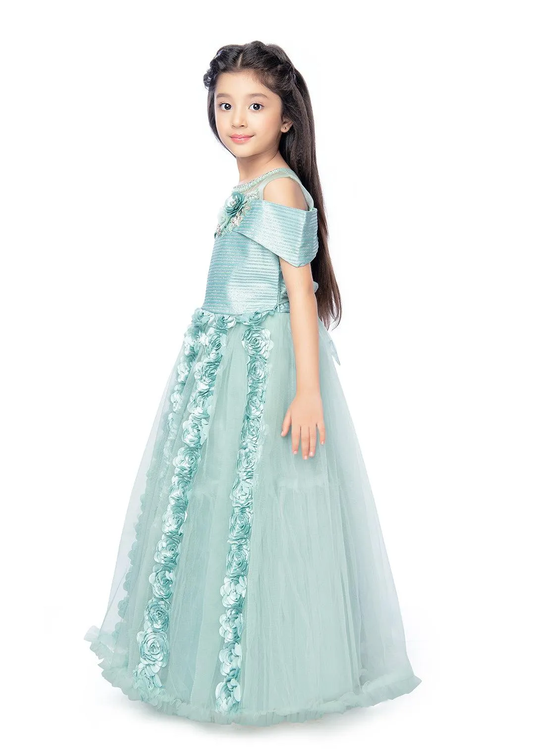 Sea Green Coloured Off Shoulder Self Design Maxi Dress Gown For Girls