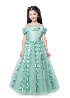 Sea Green Coloured Off Shoulder Self Design Maxi Dress Gown For Girls