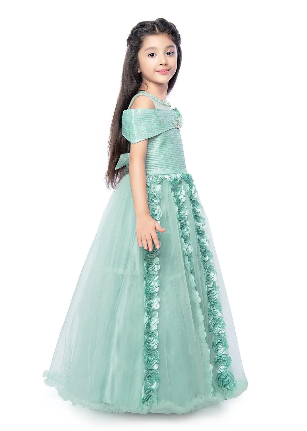 Sea Green Coloured Off Shoulder Self Design Maxi Dress Gown For Girls