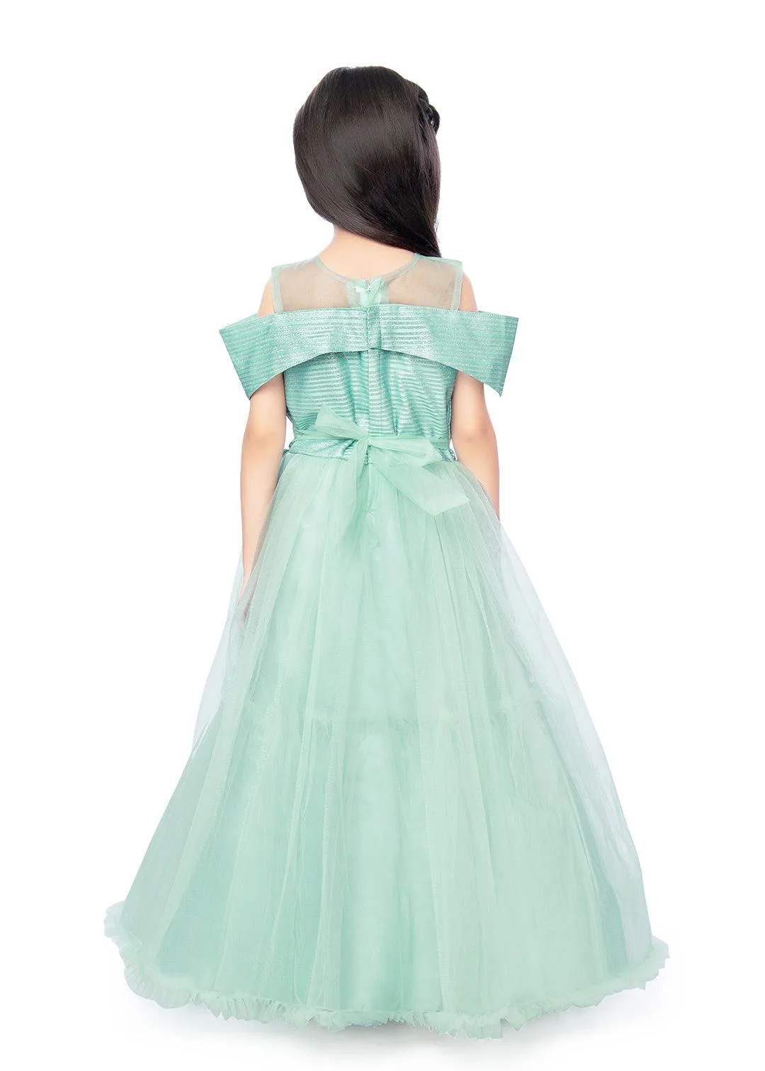 Sea Green Coloured Off Shoulder Self Design Maxi Dress Gown For Girls