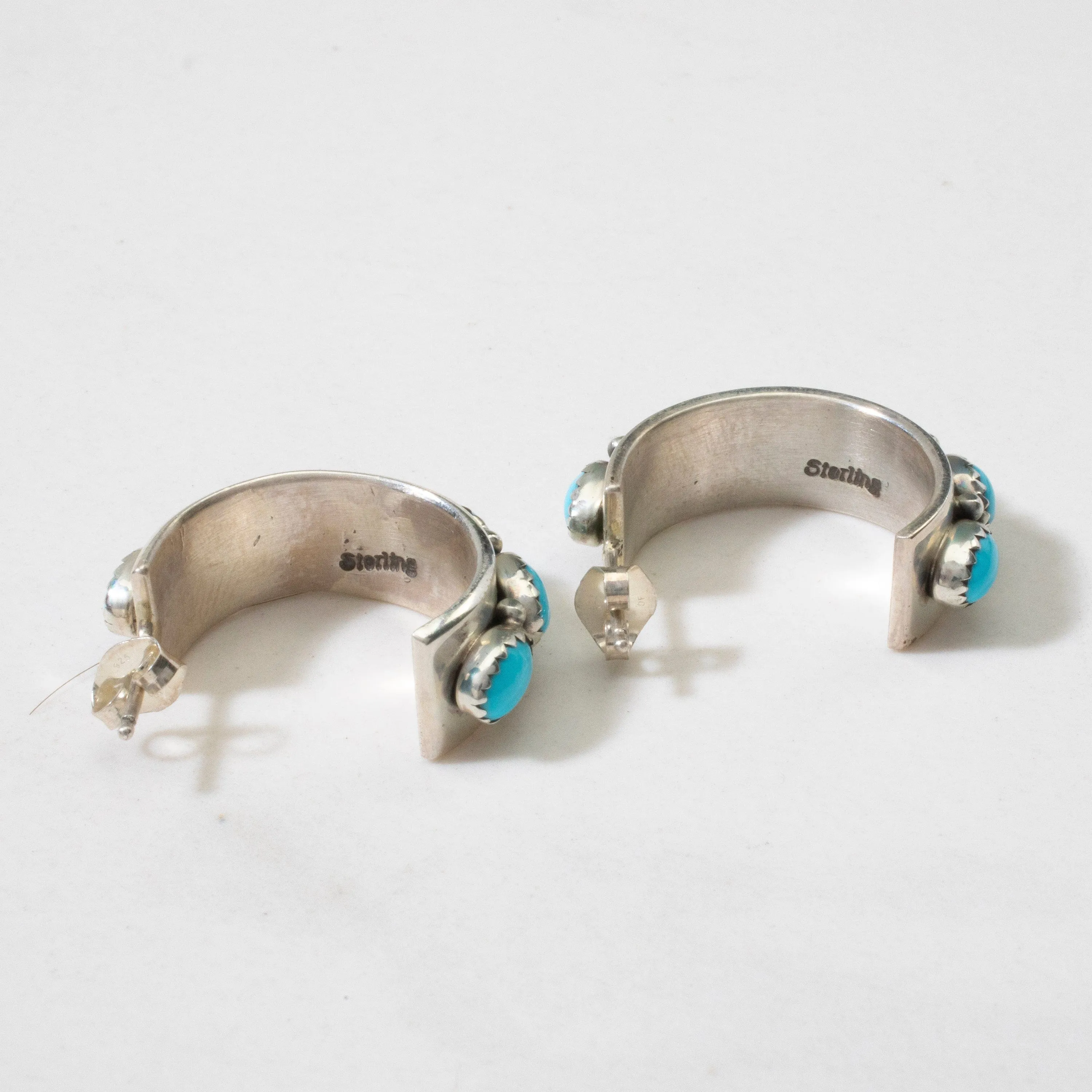 Sleeping Beauty Turquoise Semi Hoop Navajo USA Native American Made 925 Sterling Silver Earrings with Stud Backing