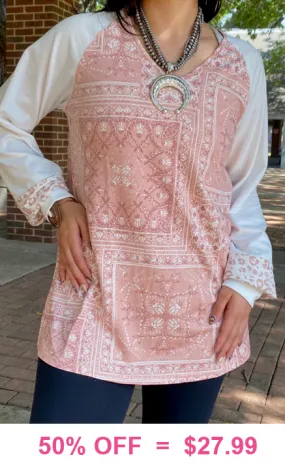 Tan Bandana print top white sleeves leopard cuff