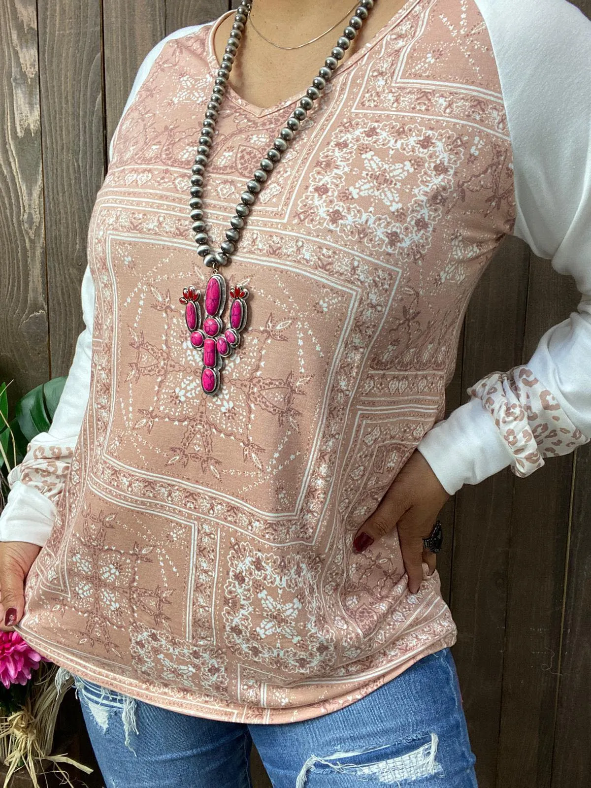 Tan Bandana print top white sleeves leopard cuff