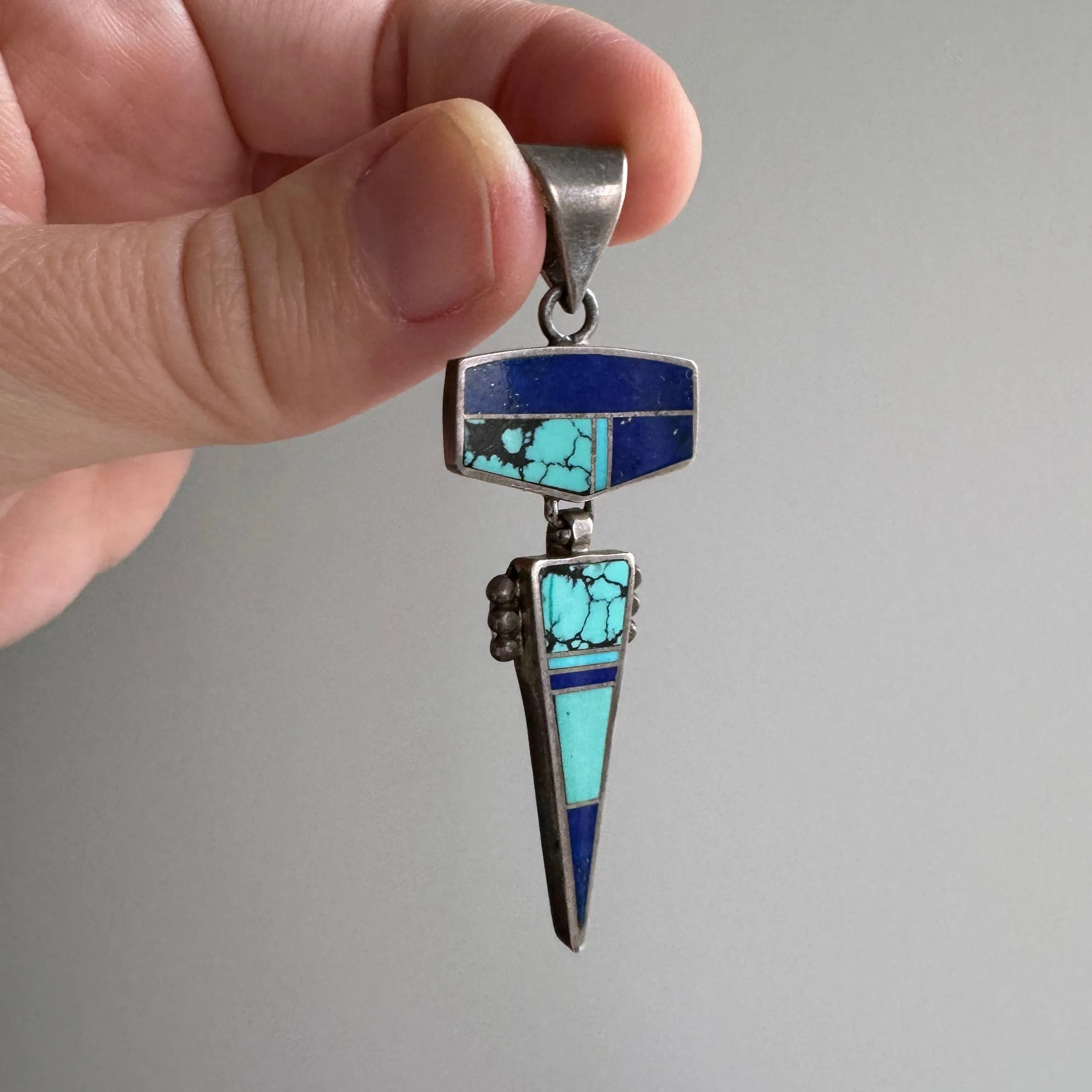 V I N T A G E // solved puzzle / sterling silver geometric inlay pendant with lapis and turquoise