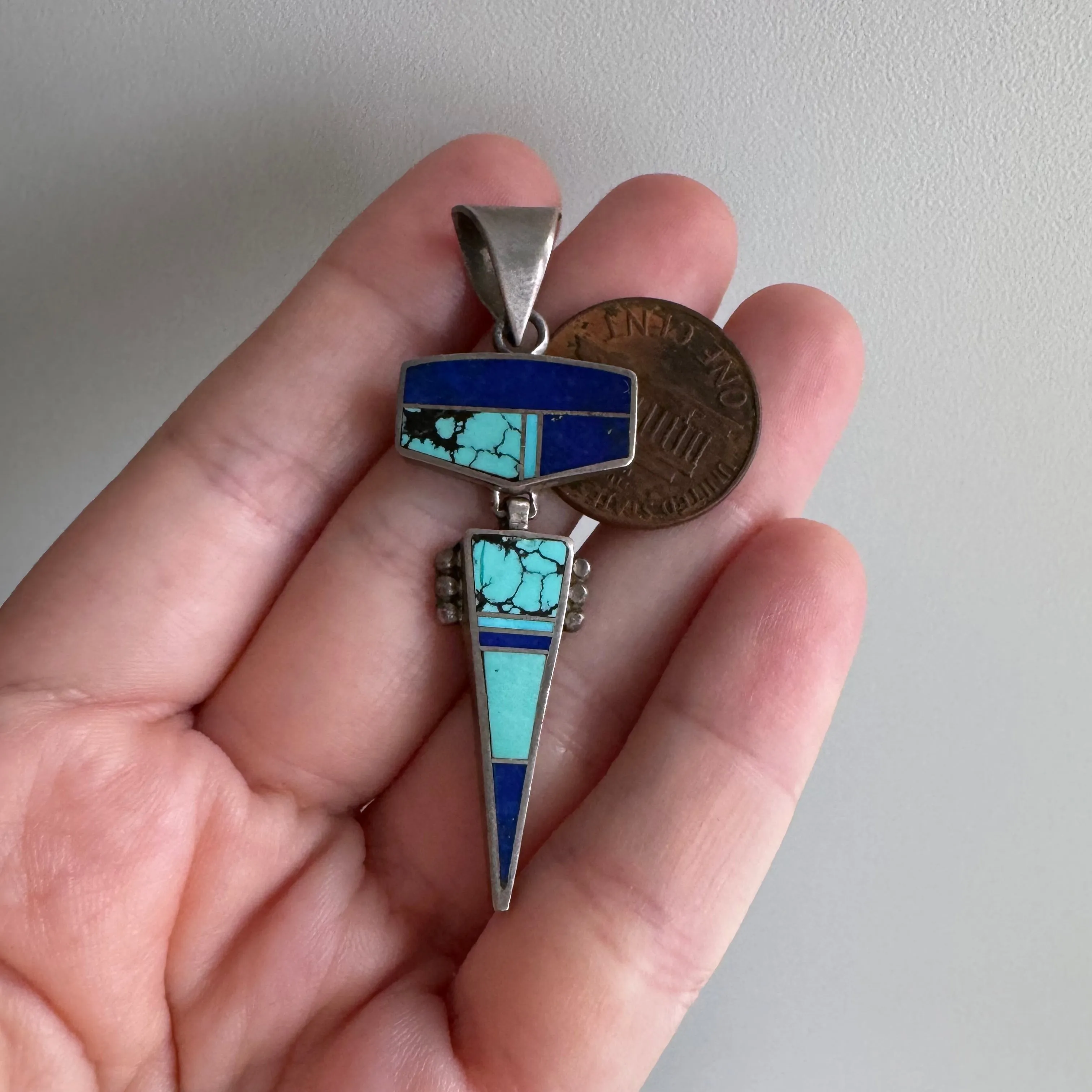 V I N T A G E // solved puzzle / sterling silver geometric inlay pendant with lapis and turquoise