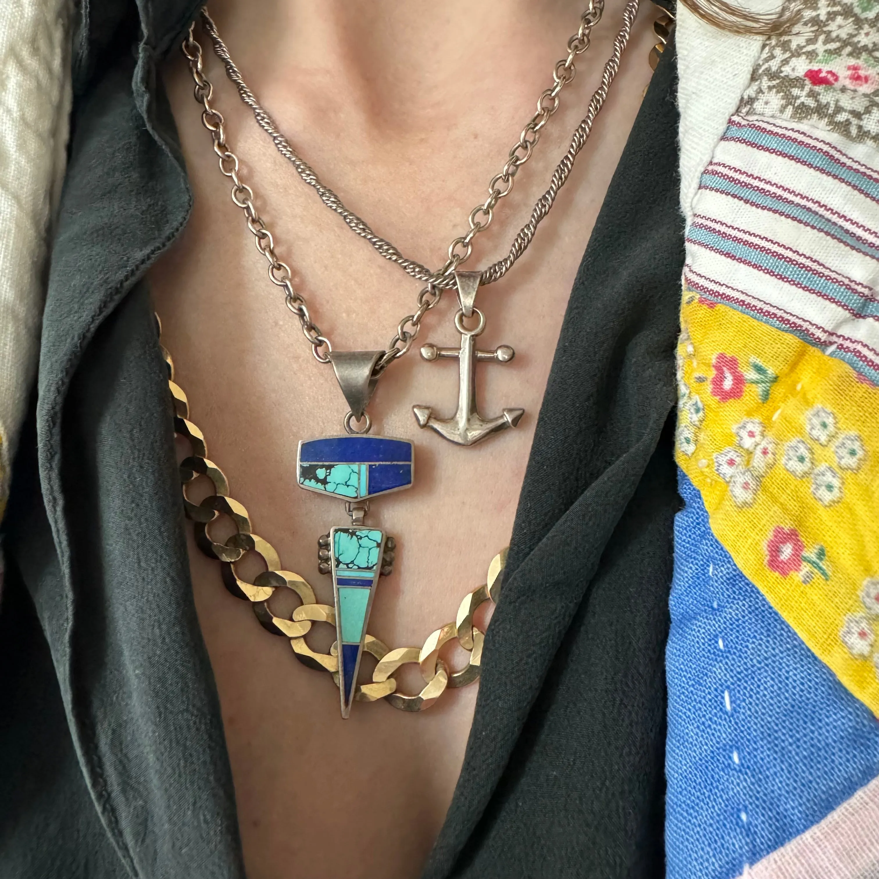 V I N T A G E // solved puzzle / sterling silver geometric inlay pendant with lapis and turquoise