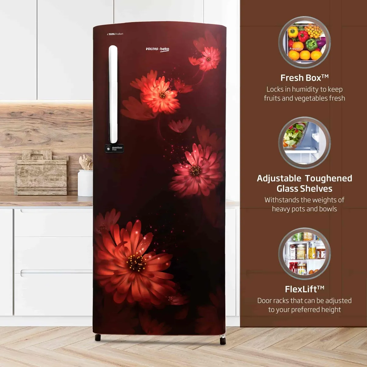 Voltas Beko 185 L, 3 Star, Single Door DC Refrigerator (Dahlia Wine)