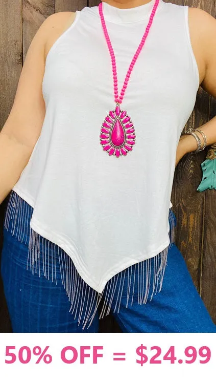 White V-Hem top with silver fringe