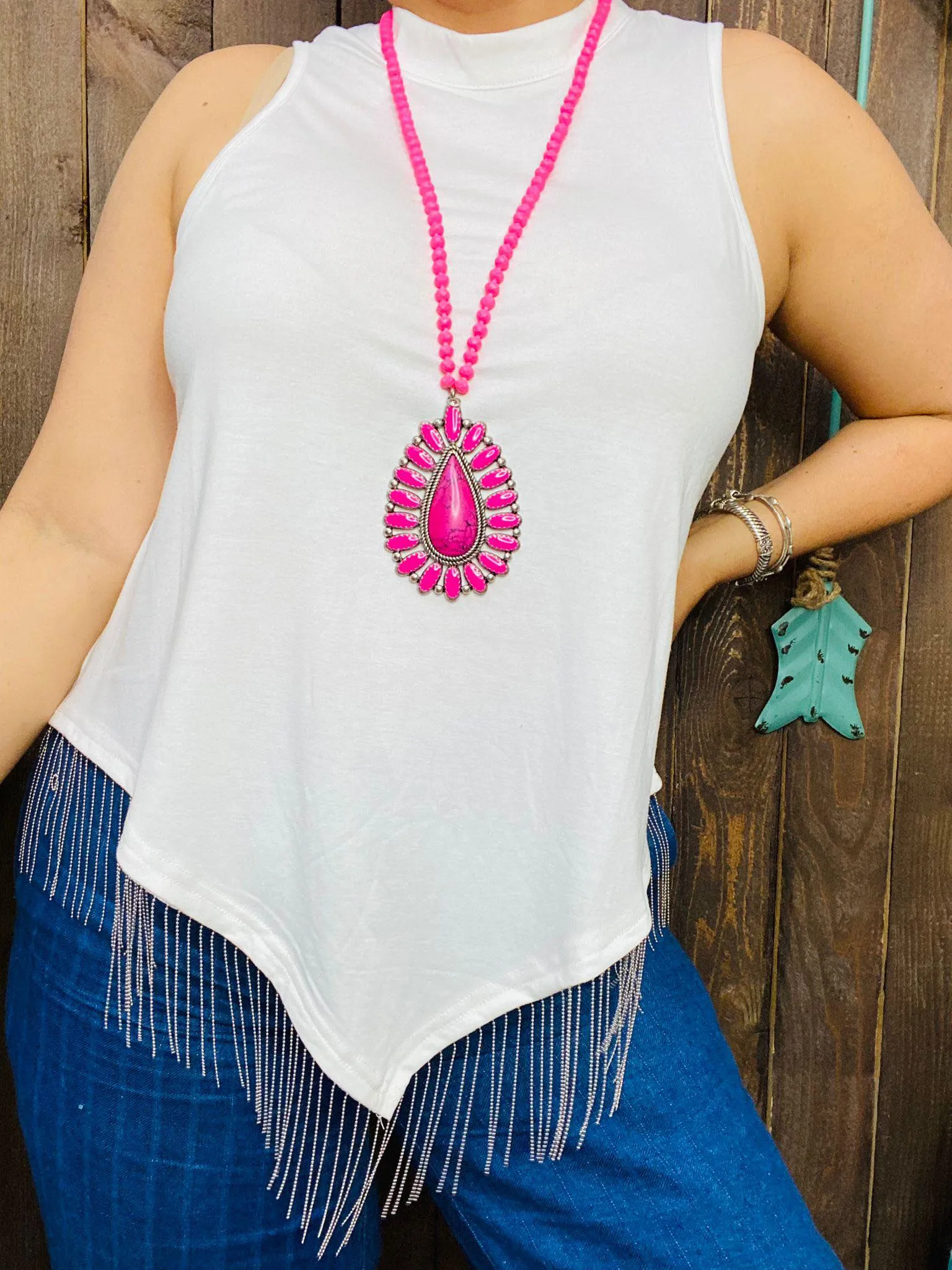 White V-Hem top with silver fringe